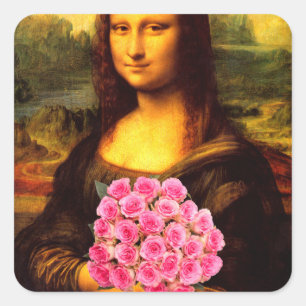 Mona Lisa mit Bouquet aus rosa Rosen Quadratischer Aufkleber