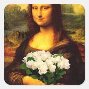 Mona Lisa mit Bouquet aus weißen Rosen Quadratischer Aufkleber