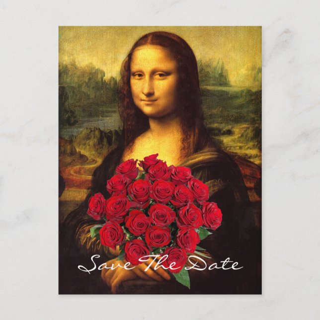 Mona Lisa mit Bouquet von Rote Rosen Ankündigungspostkarte (Vorderseite)
