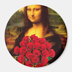 Mona Lisa mit Bouquet von Rote Rosen Magnet