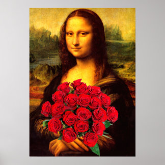 Mona Lisa mit Bouquet von Rote Rosen Poster