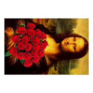 Mona Lisa mit Bouquet von Rote Rosen Poster