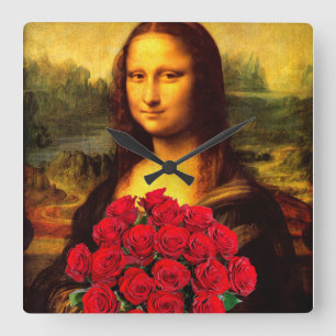 Mona Lisa mit Bouquet von Rote Rosen Quadratische Wanduhr