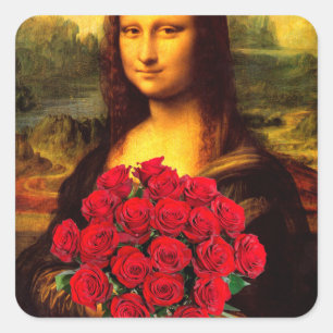 Mona Lisa mit Bouquet von Rote Rosen Quadratischer Aufkleber