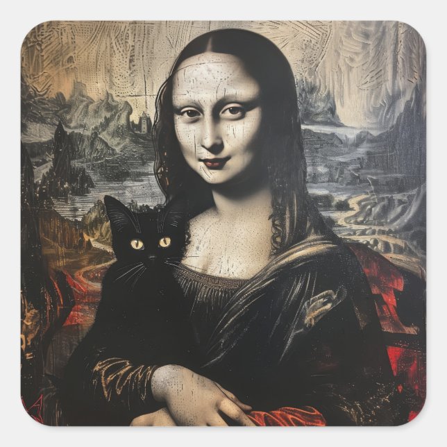 Mona Lisa mit Cat Quadratischer Aufkleber (Vorderseite)