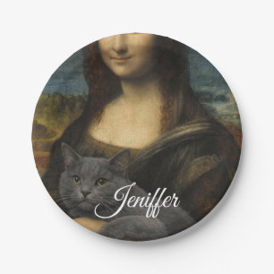 Mona Lisa mit eleganter grauer Katze Pappteller