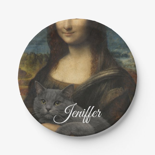 Mona Lisa mit eleganter grauer Katze               Pappteller (Vorderseite)