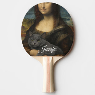 Mona Lisa mit eleganter grauer Katze Tischtennis Schläger