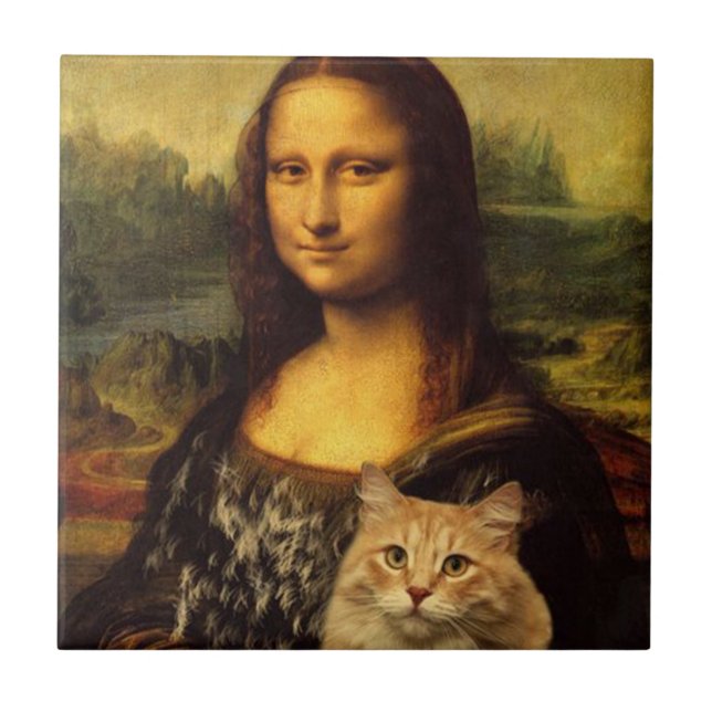 Mona Lisa mit ihrem Haustier, Katzen Pelzfellliebh Fliese (Vorderseite)