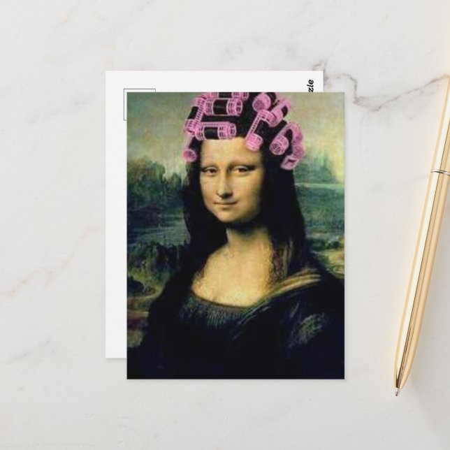 Mona Lisa mit rosa Haarwalzen Leonardo da Vinci Postkarte (Vorderseite/Rückseite Beispiel)