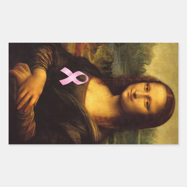 Mona Lisa mit rosa Ribbon Rechteckiger Aufkleber (Vorderseite)