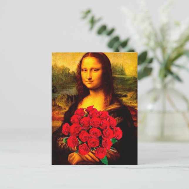 Mona Lisa mit rote Rosen Leonardo Da Vinci Postkarte (Stehend Vorderseite)