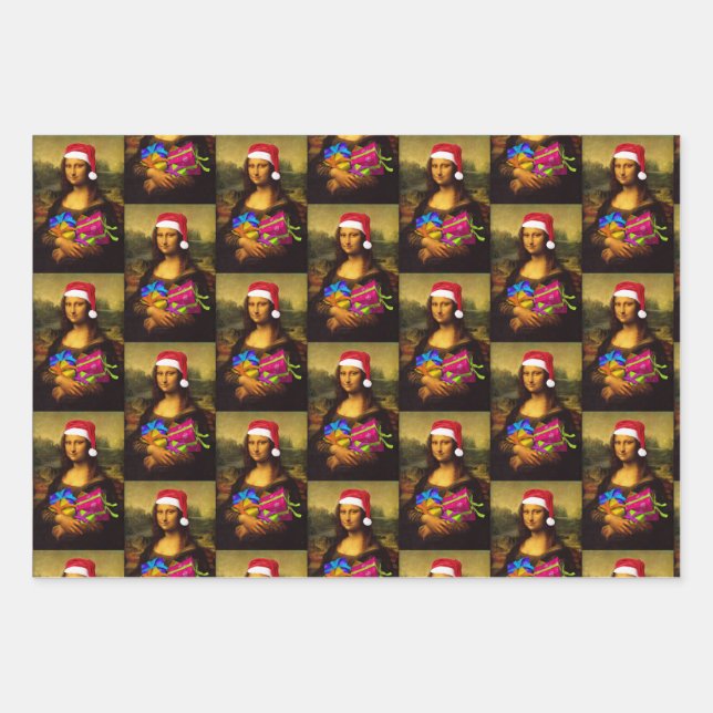 Mona Lisa mit Santa Claus Cap Geschenkpapier Set (Vorderseite)