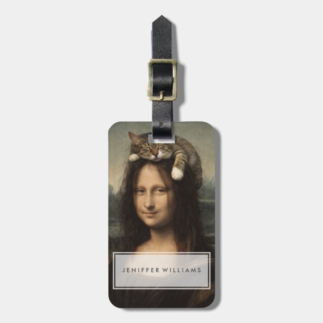 Mona Lisa mit schlafender Katze Gepäckanhänger (Vorderseite vertikal)
