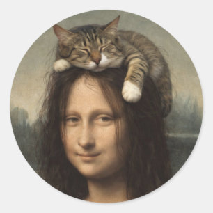 Mona Lisa mit schlafender Katze Runder Aufkleber