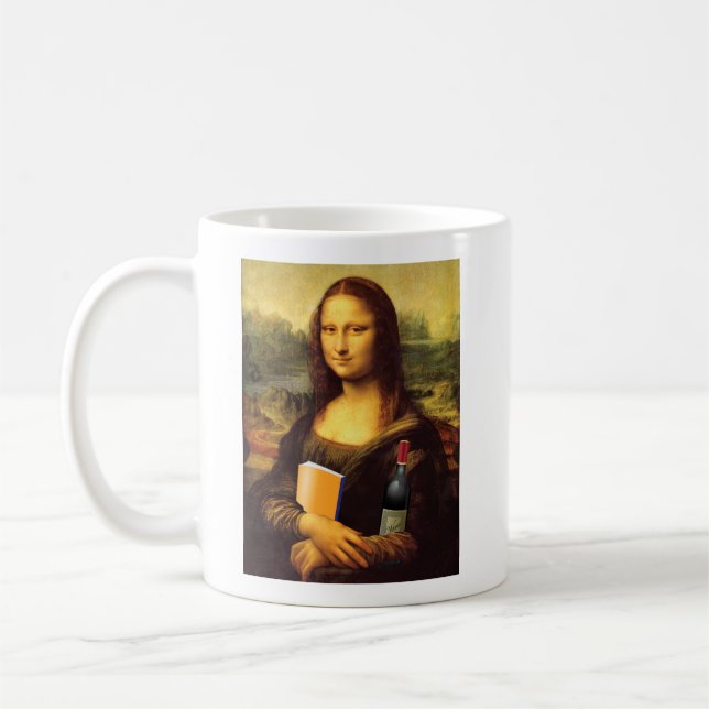 Mona Lisa mit Wein und Buch Humor Kaffeetasse (Links)