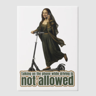 Mona Lisa on the phone  riding a kick scooter