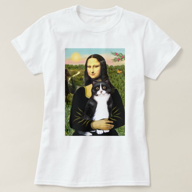 Mona Lisa - Schwarz-Weiß-Katze T-Shirt (Design vorne)