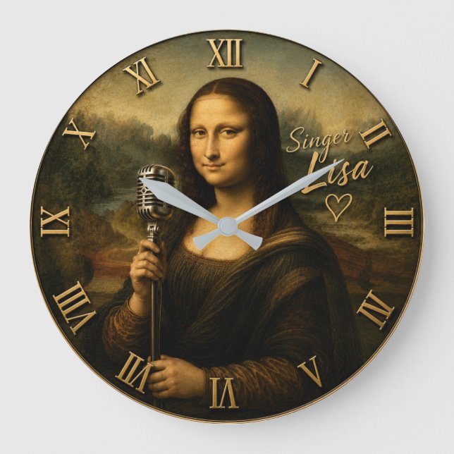 Mona Lisa Singer Funny Vintage Microphone Große Wanduhr (Vorderseite)
