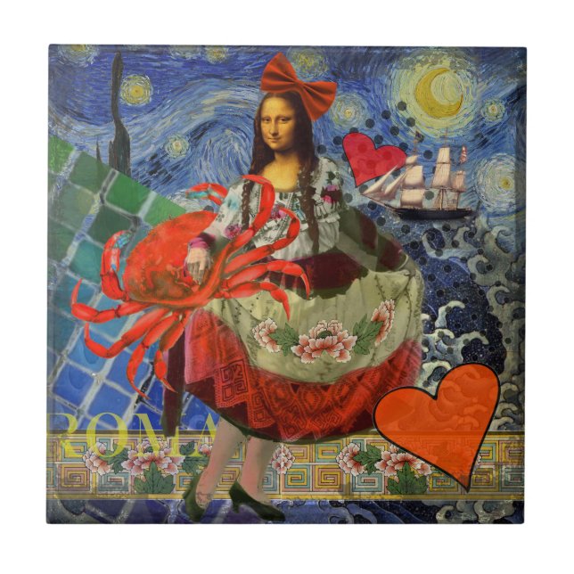 Mona Lisa Sternennacht Collage: Whimsical Surreal  Fliese (Vorderseite)