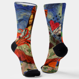 Mona Lisa Sternennacht Collage: Whimsical Surreal Socken