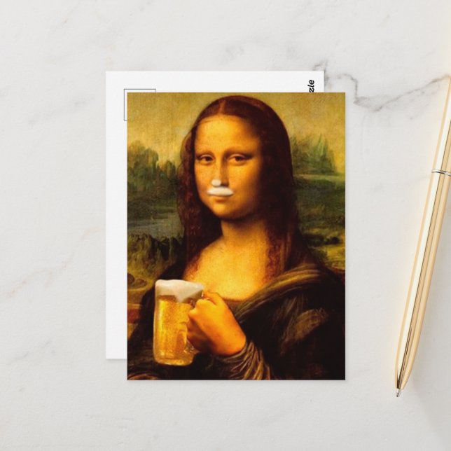 Mona Lisa trinkt Bier Liebhaber Postkarte (Vorderseite/Rückseite Beispiel)