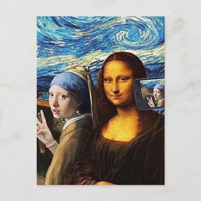 Mona Lisa und ein Mädchen, das sich selfie macht Postkarte (Vorderseite)
