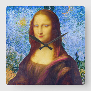 Mona Lisa und Van Gogh  Quadratische Wanduhr