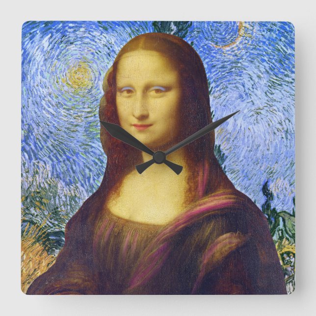 Mona Lisa und Van Gogh  Quadratische Wanduhr (Vorderseite)
