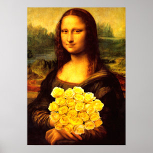 Mona Lisa With Bouquet Of Yellow Roses Poster