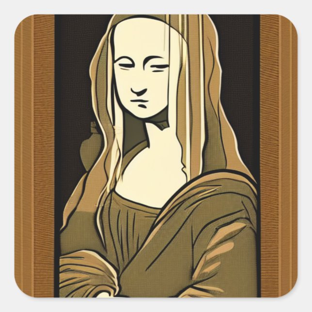 Mona Lisa Wood Carving Style Sepia Linie Art Quadratischer Aufkleber (Vorderseite)