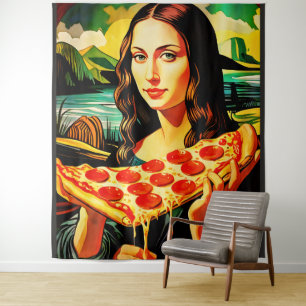 Mona Lisas Pizzamoment Extra Large Tapestry Wandteppich
