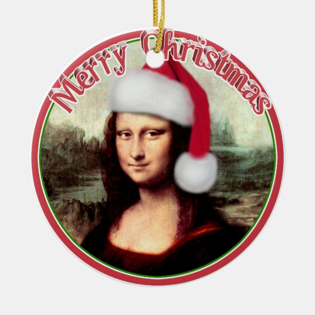 Mona Lisas Weihnachtszeit-Weihnachtsmannmütze Keramik Ornament (Vorne)