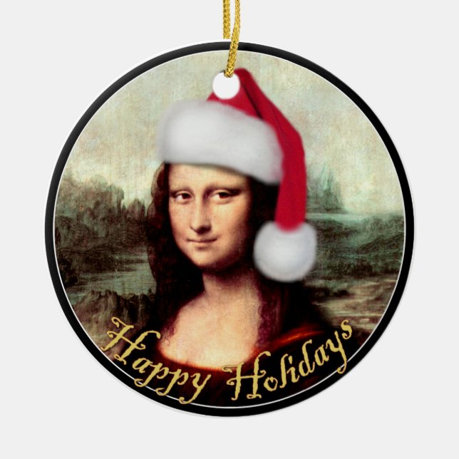 Mona Lisas Weihnachtszeit-Weihnachtsmannmütze Keramikornament (Vorne)