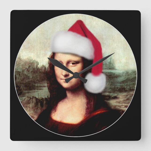 Mona Lisas Weihnachtszeit-Weihnachtsmannmütze Quadratische Wanduhr (Vorderseite)