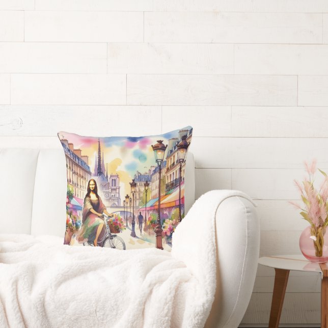 Mona with bicycle in Paris Throw Pillow Kissen (Liege)