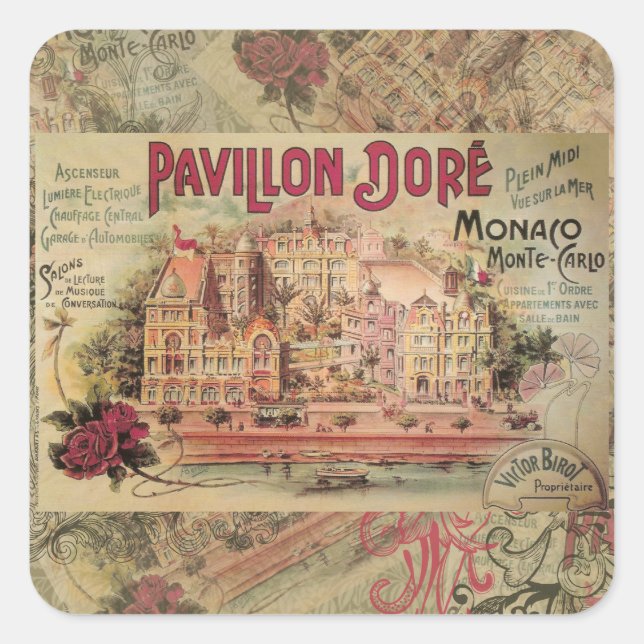 Monaco Extravagante Vintage Riviera Frankreich Quadratischer Aufkleber (Vorderseite)