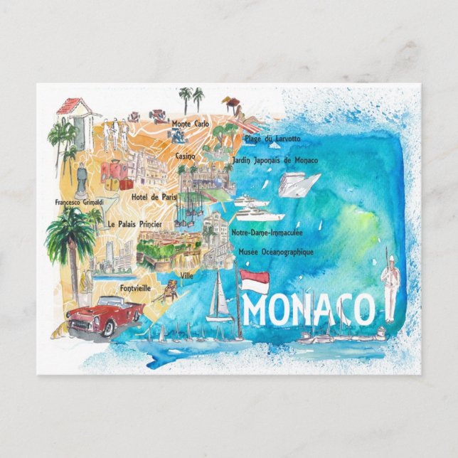 Monaco Monte Carlo Illustrierte Karte mit Sehenswü (Vorderseite)