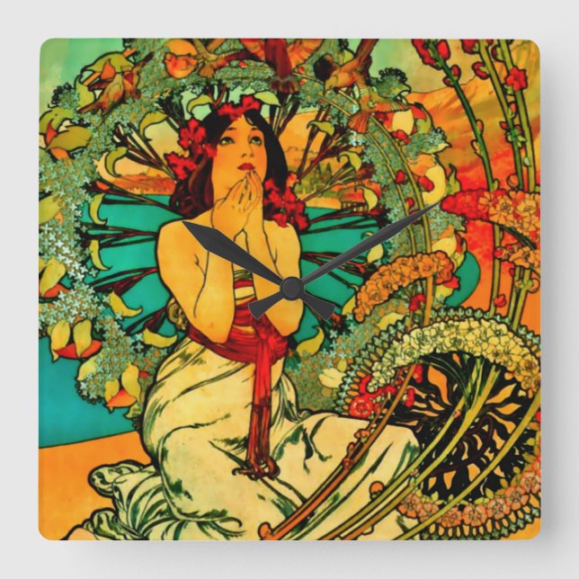 Monaco Monte Carlo Poster von Alphonse Mucha Quadratische Wanduhr (Vorderseite)