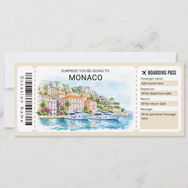 Monaco Trip Boarding Pass Ticket Einladung (Vorderseite)