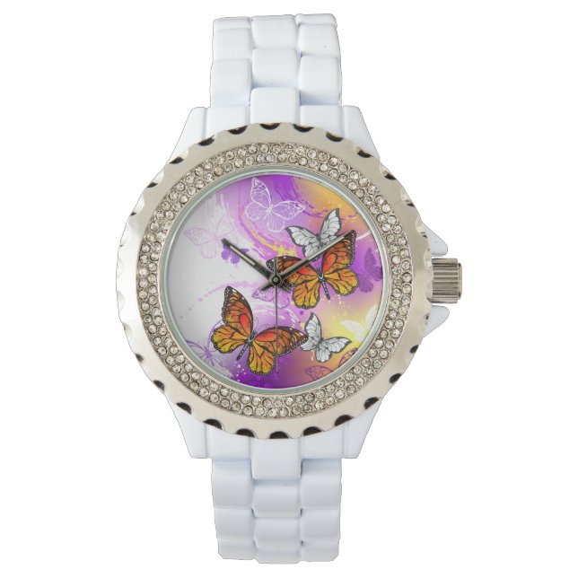 Monarch Butterflies on Purple Background Armbanduhr (Vorderseite)
