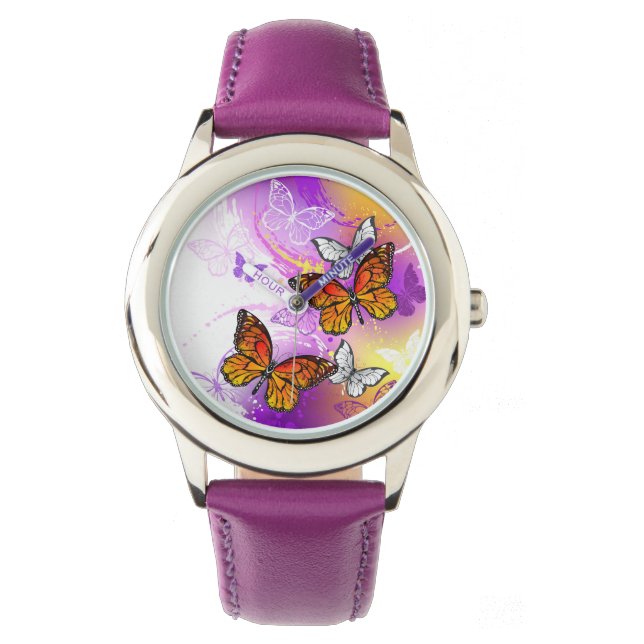 Monarch Butterflies on Purple Background Armbanduhr (Vorderseite)