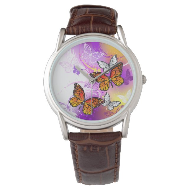 Monarch Butterflies on Purple Background Armbanduhr (Vorderseite)