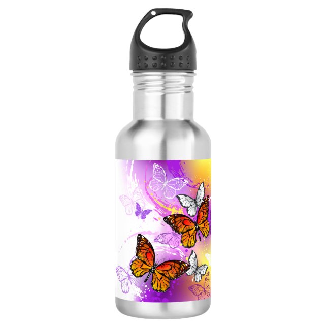 Monarch Butterflies on Purple Background Edelstahlflasche (Vorderseite)