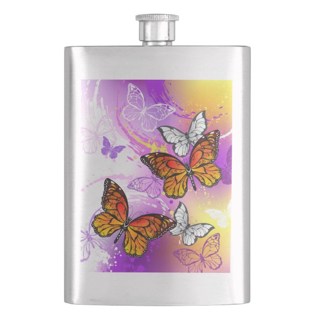 Monarch Butterflies on Purple Background Flachmann (Vorderseite)
