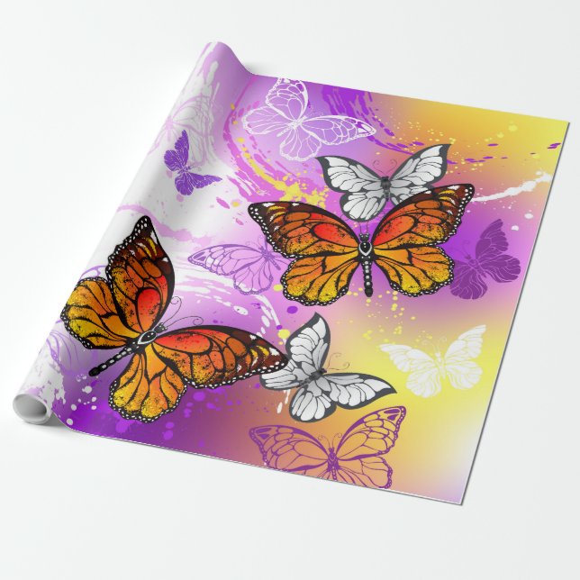 Monarch Butterflies on Purple Background Geschenkpapier (Ungerollt)