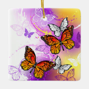 Monarch Butterflies on Purple Background Keramikornament