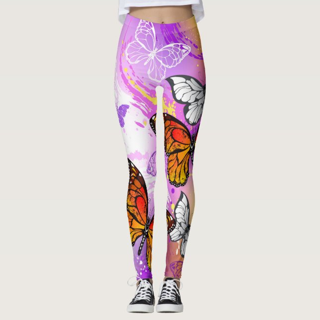Monarch Butterflies on Purple Background Leggings (Vorderseite)