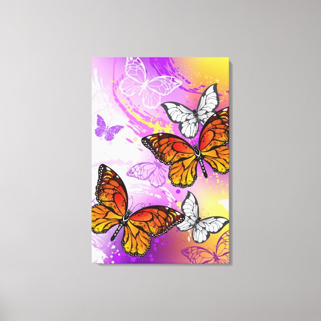 Monarch Butterflies on Purple Background Leinwanddruck (Vorderseite)