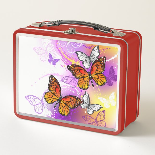 Monarch Butterflies on Purple Background Metall Brotdose (Vorderseite)